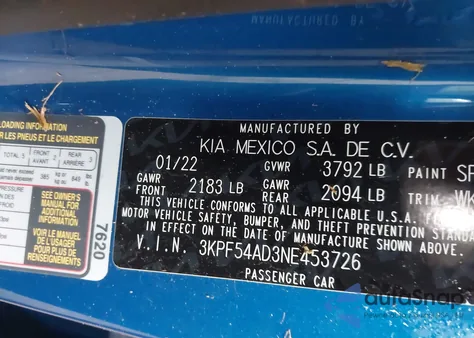 2022 Kia Forte Gt-Line from USA, damaged, VIN 3KPF54AD3NE453726